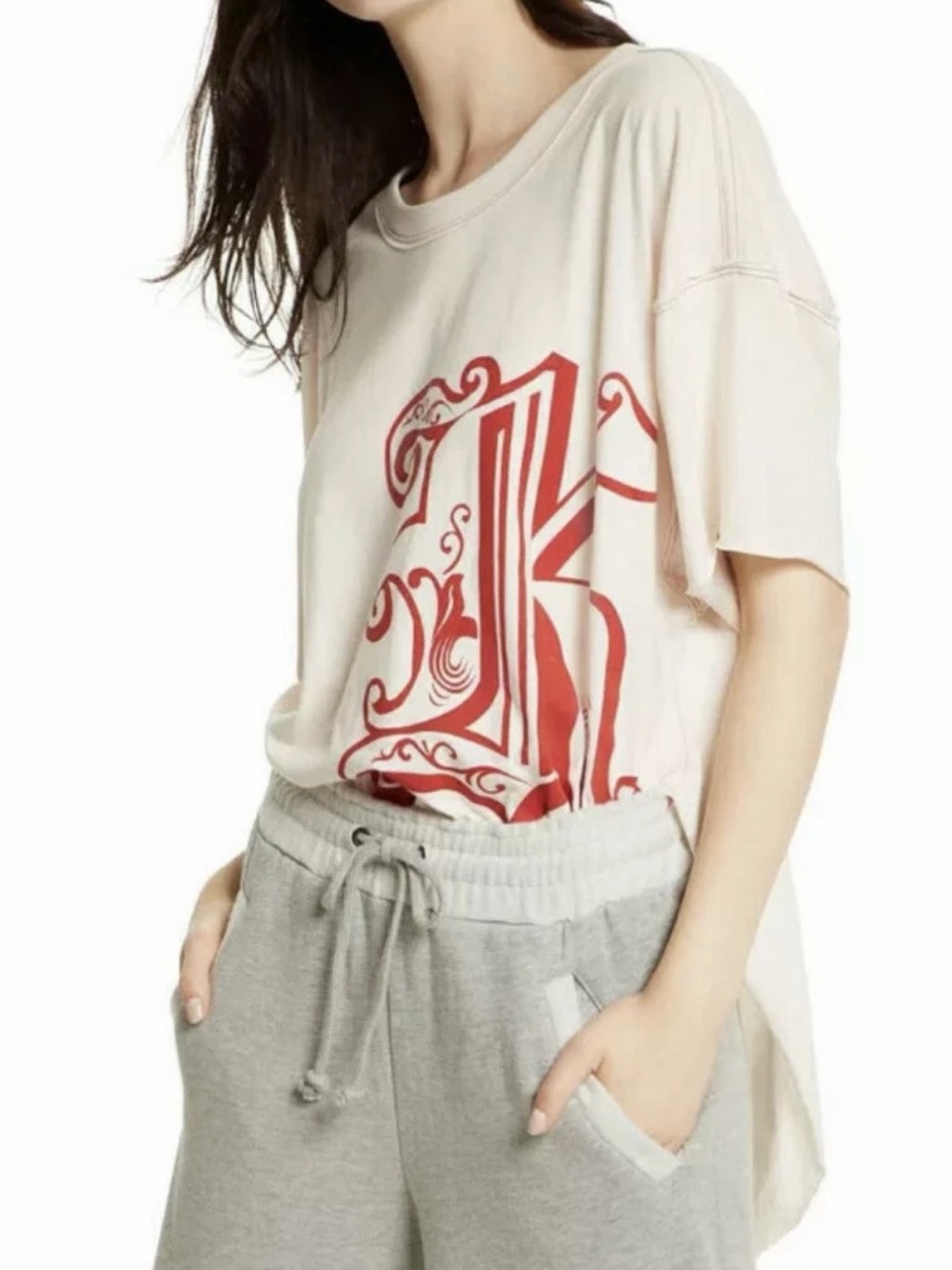 Free People Cream Short Sleeve Tee with Red Graphic